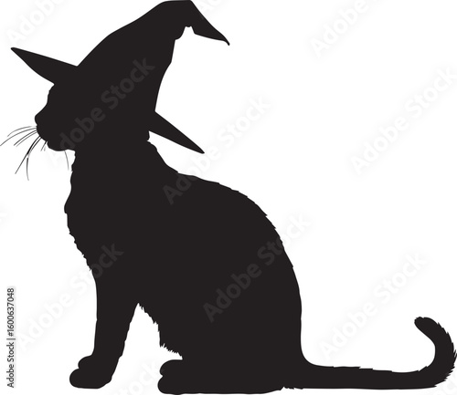Silhouette of a black cat sitting and wearing a witch hat for halloween celebration theme party