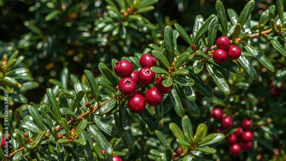 Fototapeta premium Green bush adorned with dangerous berries in a natural setting