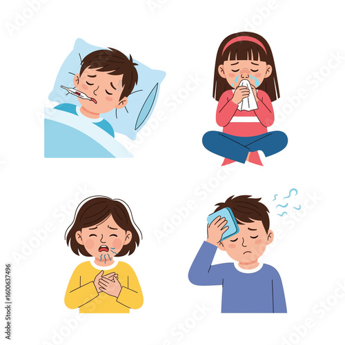 sick kid  - Flat Style 2D Vector Illustration of Everyday Life Scene
