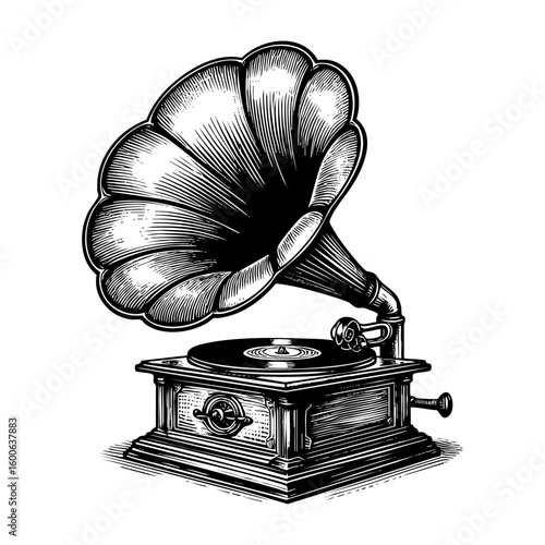 Gramophone sketch engraving black and white outline. Scratch board imitation.  illustrated in vintage line art style on a white background.