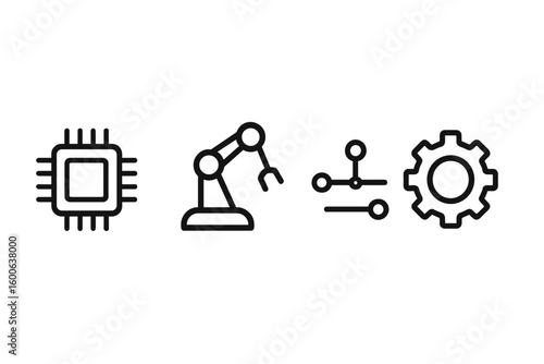 Technology symbols representing microchips, robotics, and engineering concepts in a minimalist design