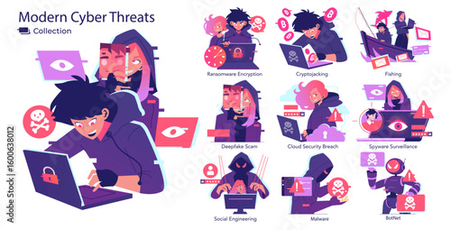 Modern Cyber Threats Vector Illustration Collection