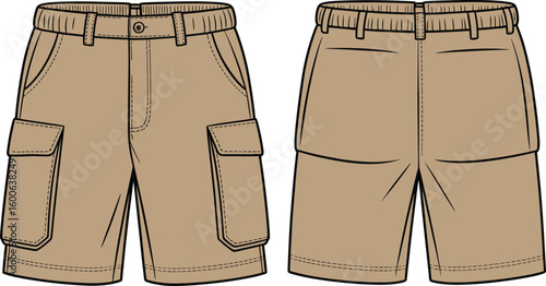 Mens khaki cargo shorts flat vector cad drawing for fashion design, tech pack template, summer wear, and apparel development