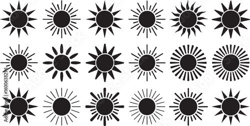 Various sun designs in a grid pattern with different ray styles and central circle shapes drawn in black