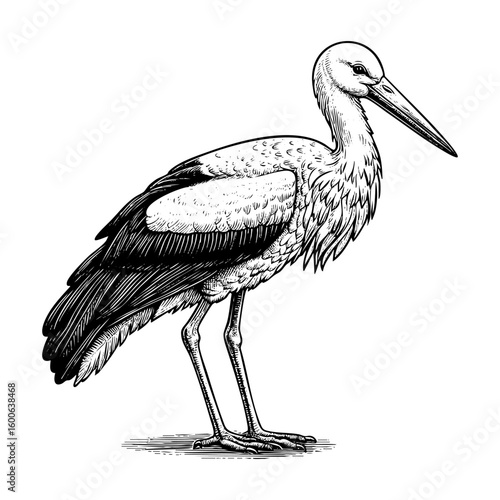 stork sketch engraving black and white outline. Scratch board imitation.
