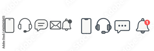 Communication icons representing modern digital interaction with devices and notifications in a minimalist style
