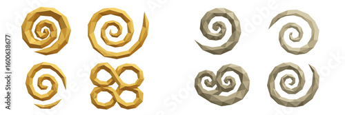 Abstract spiral designs in gold and gray color showcasing geometric patterns and textures created in 3D modeling