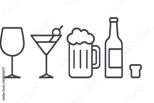 Variety of drinks including wine, cocktail, beer, and shots arranged neatly for a social gathering or celebration