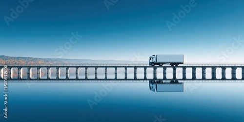 Serene View of Delivery Truck Crossing Bridge Over Water with Ample Space Above for Text - Transportation Concept