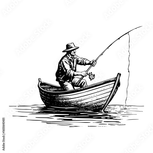 man fishing on boat sketch engraving black and white outline. Scratch board imitation.