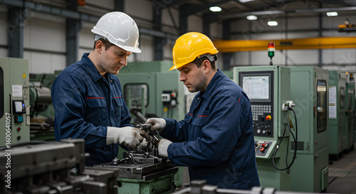 Industrial workers are working in the factory. Machine engineers or mechanical technicians and assistants are helping to repair and inspect the machine's readiness before the product is manufactured.