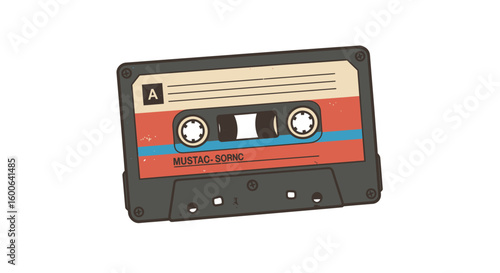 Retro Cassette Tape Illustration with Red, Blue, and Beige Stripes