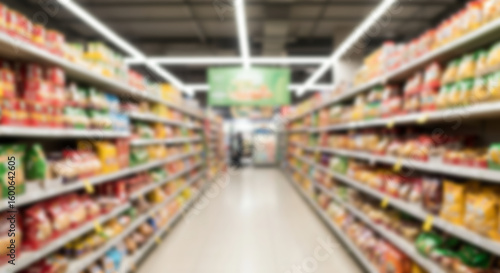 Blurred supermarket aisle with shelves 
