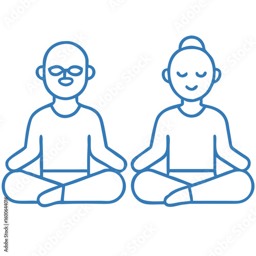 Elderly couple meditating together in line art style  