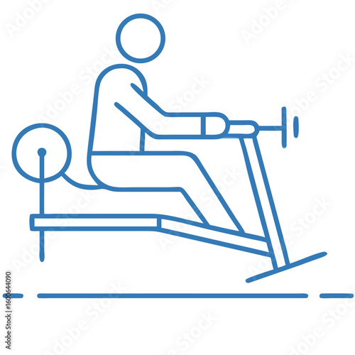 Senior man exercising on rowing machine in blue line art style  