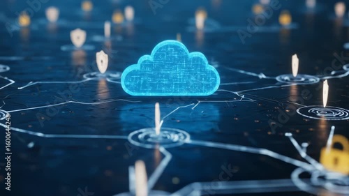 Glowing blue cloud data icon on a dark tech background, interconnected with nodes featuring security shield symbols, suggesting secure cloud computing and data protection