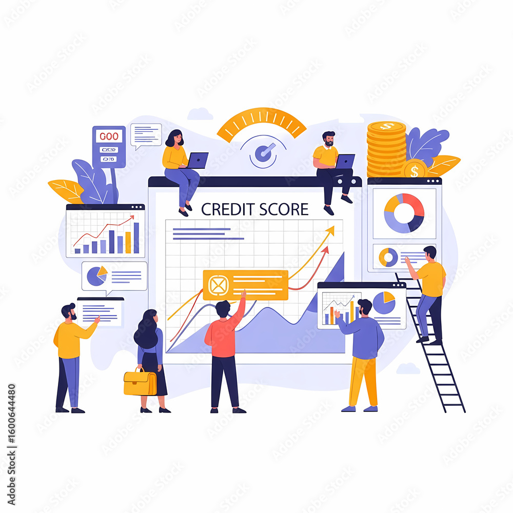 Fototapeta premium Illustration of people interacting with data visualizations and charts related to credit score improvement and financial analysis.