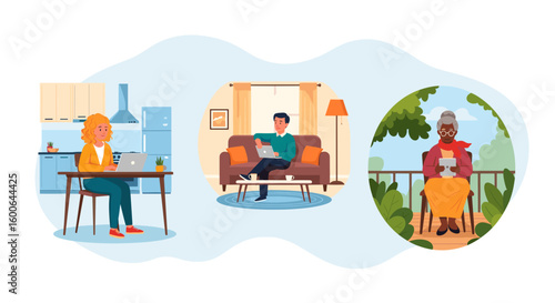Diverse people using technology at home and outdoors; ideal for illustrating remote work, digital inclusion, or connectivity.
