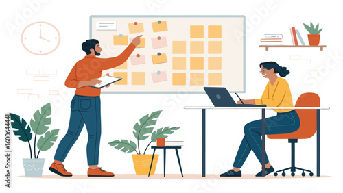 Collaborative Teamwork: Diverse colleagues brainstorming and planning on a whiteboard, perfect for project management or team building websites.