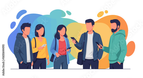 Group of young people using smartphones, perfect for social media, communication, or technology websites.