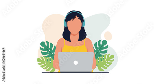 Woman working on laptop with headphones, vector illustration perfect for blog posts or website banners.