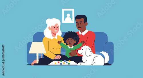Happy multiracial family with a dog playing together on a couch - perfect for family, home, and togetherness concepts.