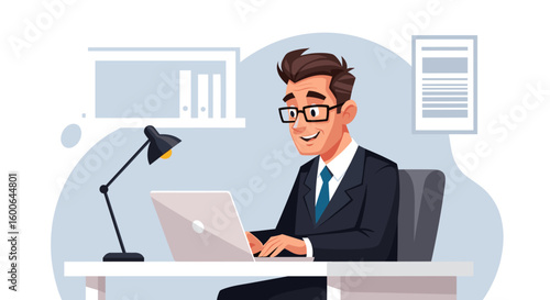 Smiling businessman working on laptop in modern office, perfect for business websites and presentations.
