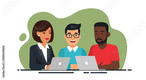 Diverse team collaborating on laptops, ideal for websites, presentations, and marketing materials.
