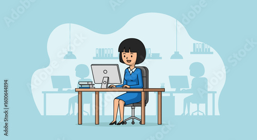 Businesswoman working at her desk in modern office, perfect for website banners or business presentations.