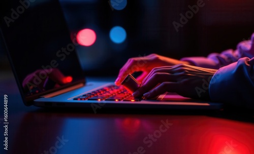 Close-up of hands typing on a laptop keyboard with red and blue lights Vibrant Rim Light technology vibrant background colorful modern