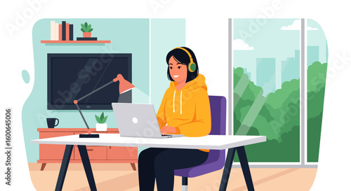 Young woman working from home on laptop, perfect for remote work, freelance, and online learning content.