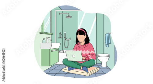 Woman working on laptop in bathroom - perfect for blog posts about remote work, work-life balance, or modern home design.