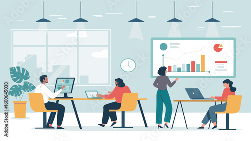 Diverse team collaborating on business analytics, perfect for website banners or presentations.