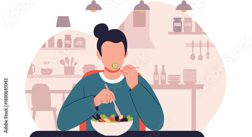 Person enjoying a healthy salad in a modern kitchen. Perfect for health blogs, recipe websites, or food publications.