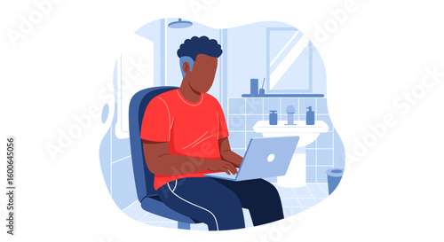 Man working on laptop in bathroom, perfect for illustrating work-life balance or remote work.