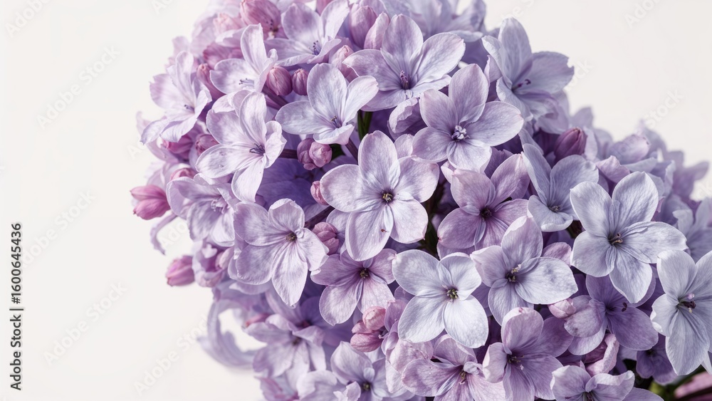 Obraz premium Cluster of lilac flowers in close-up view highlighting delicate petals and soft color gradients against a neutral background.