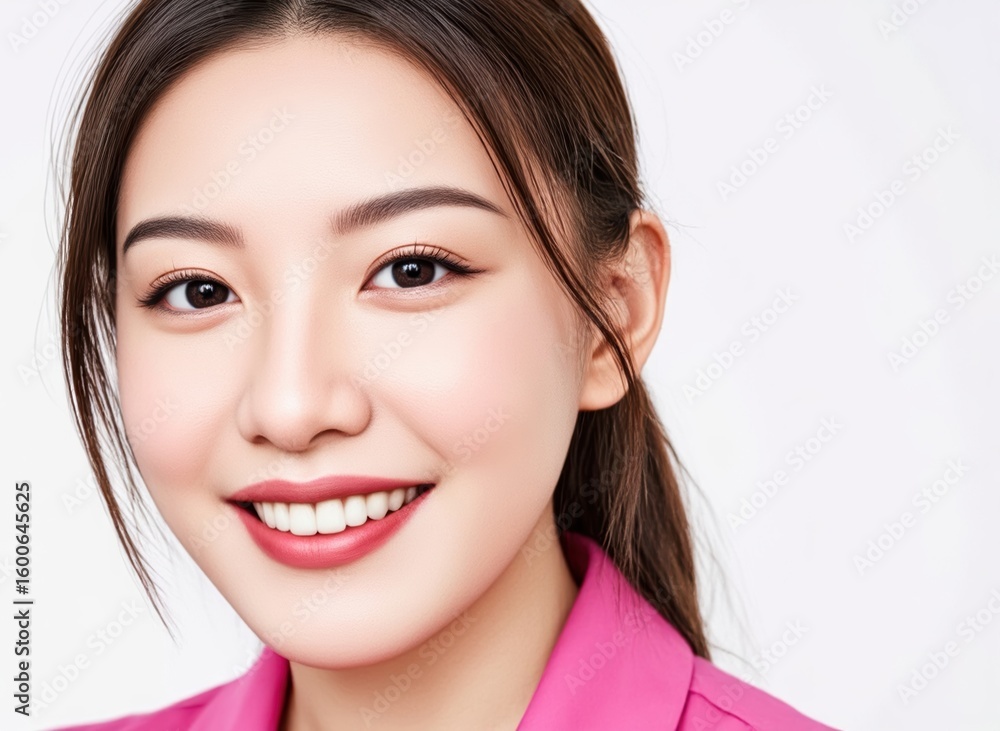 Naklejka premium Smiling Young Woman with Natural Makeup and Close-Up Portrait