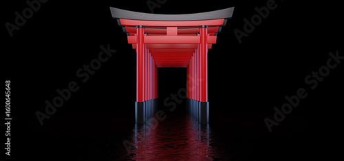 The Japanese Torii gates stand behind each other and form a passage, are located in a dark space and are reflected in the glossy floor.  Historical landmark of Japan. 3D render.