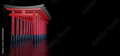 The Japanese Torii gates stand behind each other and form a passage, are located in a dark space and are reflected in the glossy floor.  Historical landmark of Japan. 3D render.