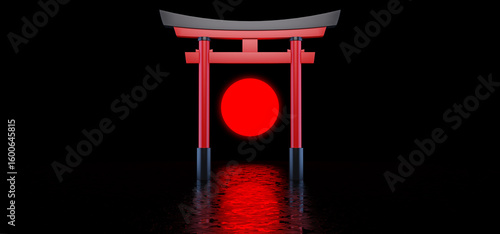 The Japanese Torii Gate stands alone in a dark space against the background of the red sun.  Historical landmark of Japan. 3D rendering.. 3D Render