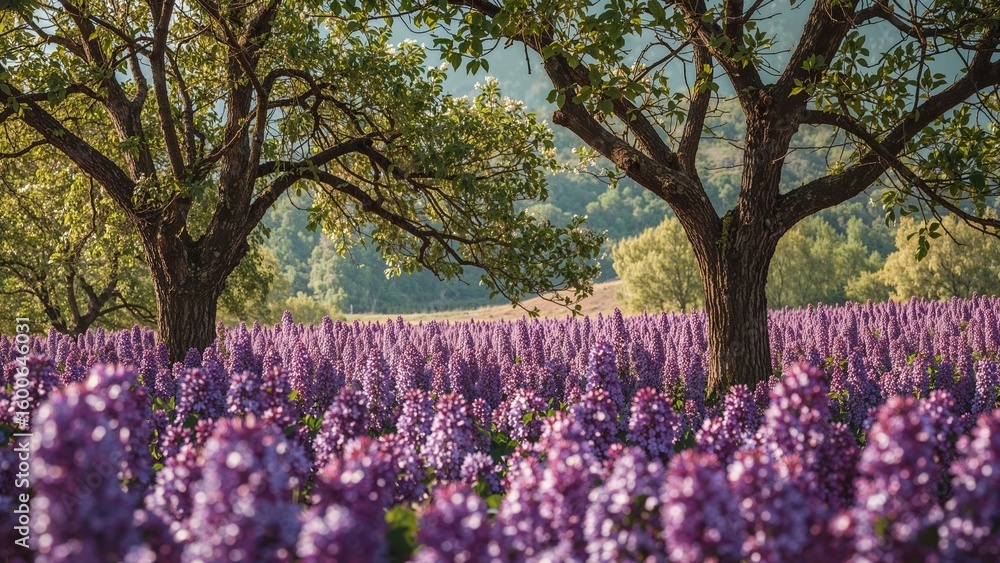 custom made wallpaper toronto digitalSpring bloom of lilac flowers and trees in a vibrant landscape