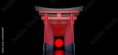 The Japanese Torii gates stand behind each other and form a passage in a dark space against the background of the red sun.  Historical landmark of Japan. 3D rendering. 3D Render