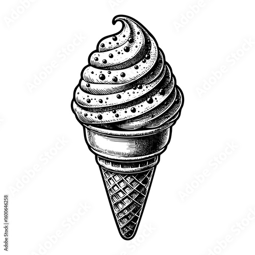 Ice cream cone sketch engraving black and white outline. Scratch board imitation.  illustrated in vintage line art style on a white background.