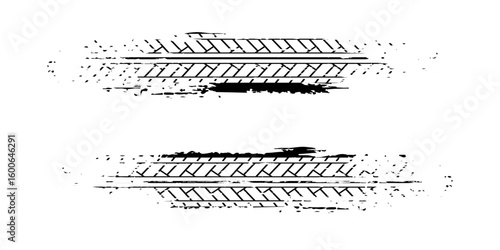 Set of black motorcycle tire tread print with grunge effect isolated on white background. Footprint of bike or car wheels with seamless texture. Top view of rubber protector marks. Vector brush