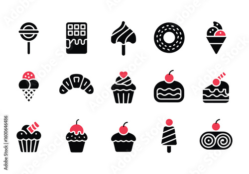 Collection of delicious dessert icons featuring sweet treats and confectionary delights in flat design style perfect for menus and branding