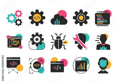 Collection of Software Development and Engineering Icons Representing Programming Debugging Cloud Computing and Data Analysis for Modern Applications