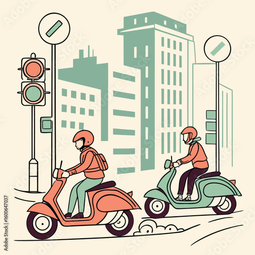 Two people riding scooters on a city street with buildings traffic lights and road signs present here