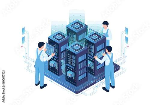 Data Center Maintenance Team Working on Server Racks for Efficient Network Performance and Secure Data Storage Solutions