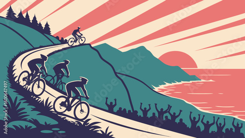 Cyclists racing uphill on a winding road with spectators and a sunset over the ocean landscape scene
