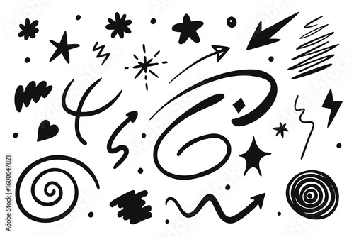 Dynamic collection of hand-drawn graphic elements including stars, arrows, swirls, hearts, and abstract shapes, perfect for adding a creative flourish to your designs and projects.